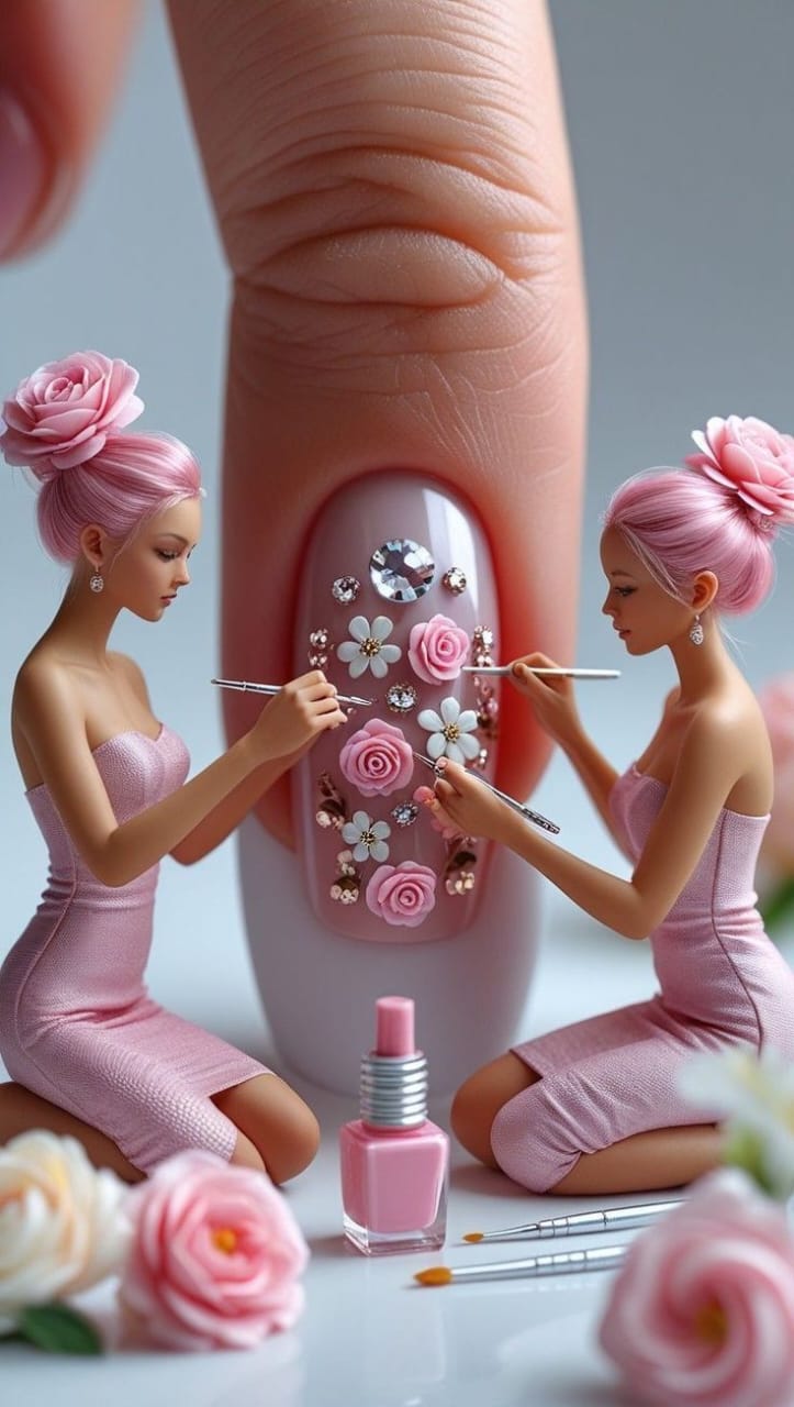 Professional manicurist applying nail polish in salon setting